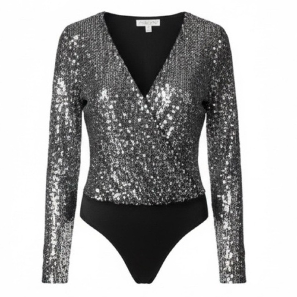 She + Sky Cheers To You Elegant Black/Silver Sequin Wrap Top Body Suit